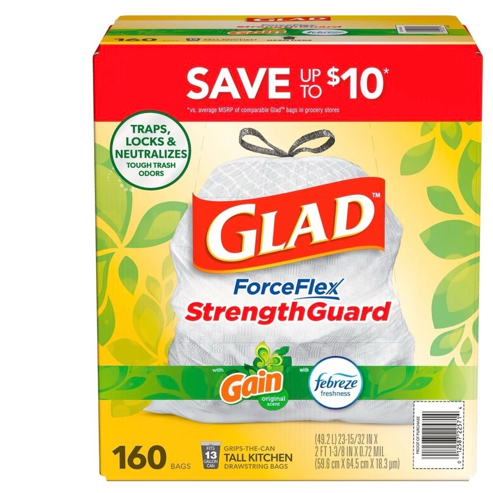 Glad ForceFlex Tall Kitchen Drawstring Trash Bags, 13 Gallon, 160 ct.